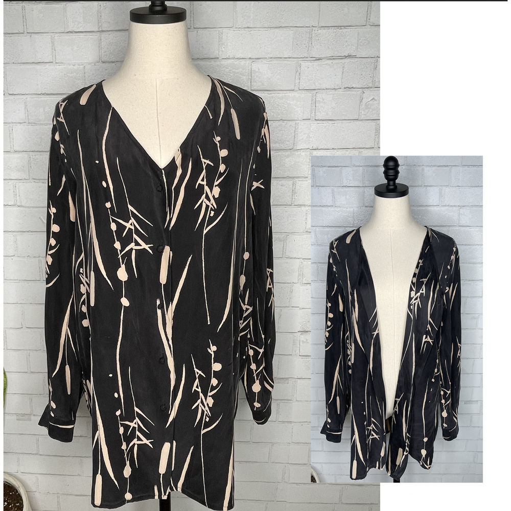 Reformation Daydream SILK Shirt Dress Button Up Black Tan Neutral V Neck M 6 8